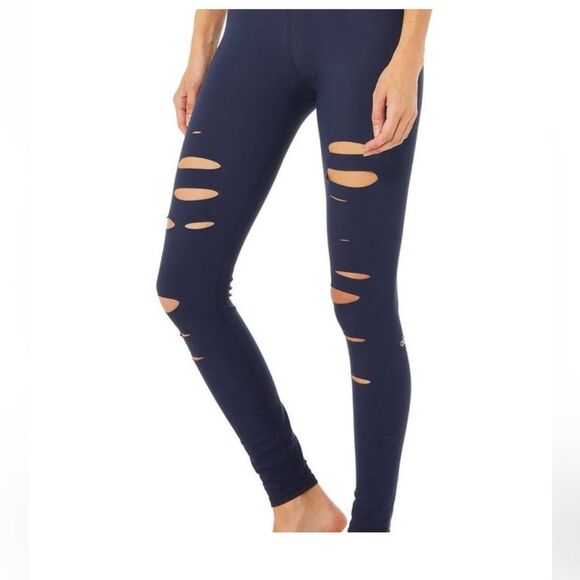 ALO Yoga navy blue leggings rips on front medium m high tries waist tights - Picture 2 of 6